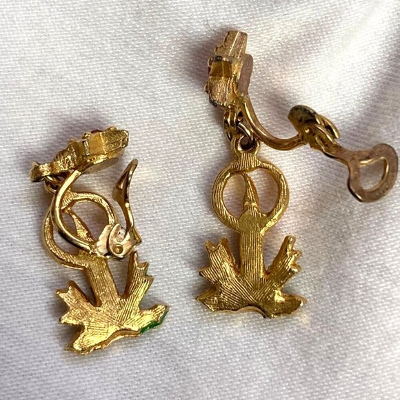 Vintage Christmas Clip On Earrings 2 Pr XMas Tree Candle Gold Tone Rhinestones - Picture 4 of 8